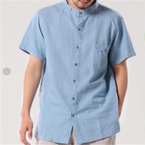 

men shirt short sleeve cotton linen 4xl 5xl 6xl large size shirt male loose breathable summer shirts with pocket blue rm50053, White;black