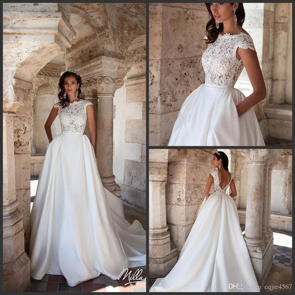 

2018 new milla nova illusion cap sleeves lace a line wedding dresses satin illusion tulle applique backless court train bridal gowns 615, White