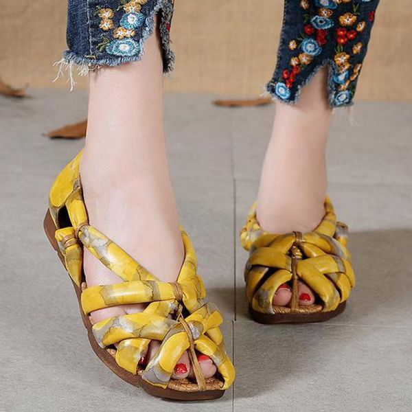 

johnature summer women sandals genuine leather mixed colors women shoes casual retro shallow flat with handmade ladies sandals, Black