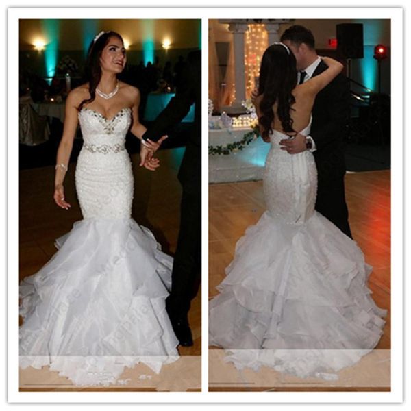 

2019 стильный милая русалка свадебные платья кружева аппликации из бисера блесток многоуровневое bottom платье невесты кристалл sash свадебн, White