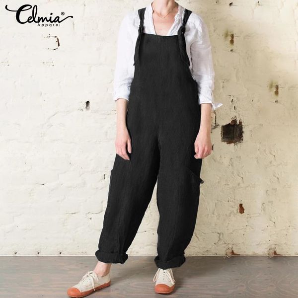 

celmia plus size women overalls vintage cotton jumpsuits playsuits ladies casual loose harem pants pantalon femme rompers s-5xl, Black;white