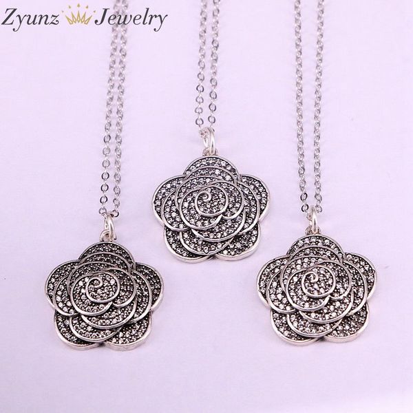 

5pcs, micro pave cz cubic zirconia flower pendant necklaces genuine vintage silver color for women jewelry