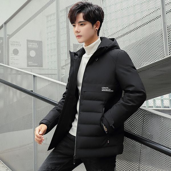 

white duck down winter new style youth fashion hooded down jacket thick warm men's wear casual feather jacket, Black