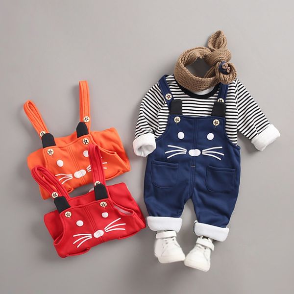 

2pcs/set baby girls boys long sleeve striped print autumn thicken blouse cartoon suspenders pants casual outfits set, White