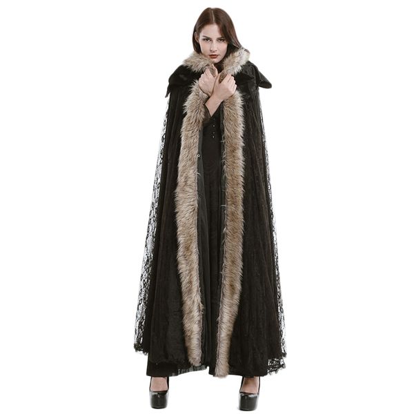 

steampunk priestess hooded women lace cloak gothic court long woolen coat winter wool collar long coat outwear, Tan;black