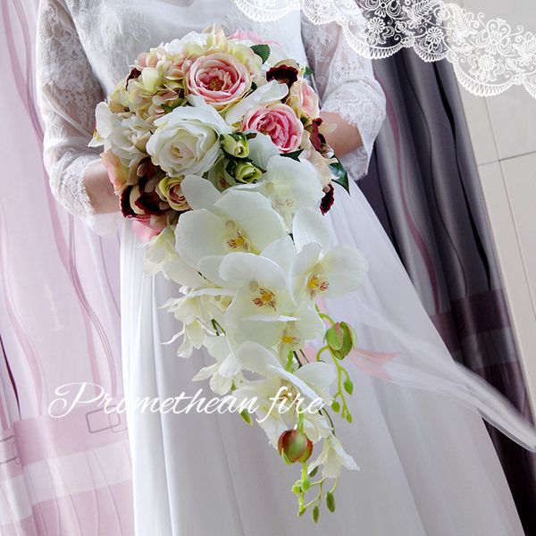 

4 colors pearl crystal bridal bouquets flower pink waterfall wedding flower vintage handmade brooch bouquet de mariage
