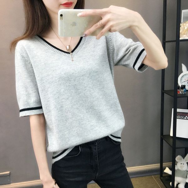 

knitted t-shirt female 2020 loose stitching chicken heart v-neck pullover pullover short sleeve white base shirt summer