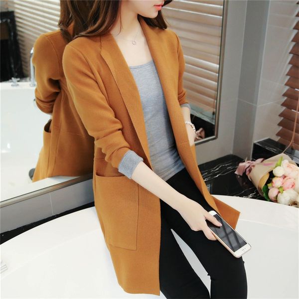 

2019 korean autumn new fashion women cardigans casual loose pockets long sweaters female long sleeve knitted outwear 62847, White