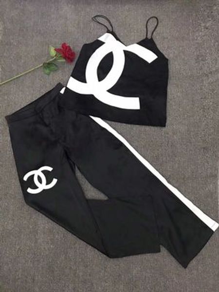 

2019 new women 039 ummer fa hion paghetti trap loo e logo print ve t tank top and atin fabric wide leg long pant twin et ca ual ui