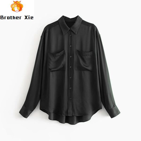 

solid casual stain blouse women long sleeve elegant double pocket shirts female office turn down collar blouse blusa mujer, White