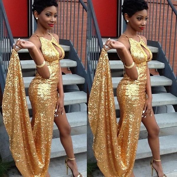 

new arrival high side slit gold prom dresses mermaid vestidos de formatura party gowns halter neck with sequined evening gowns b64, Black;red