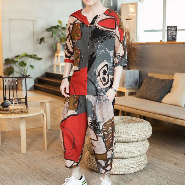 

new arrival 2019 summer men set vintage chinese cloud printed tracksuit men clothing set beach shorts + shirts male hip hop 5xl, Gray