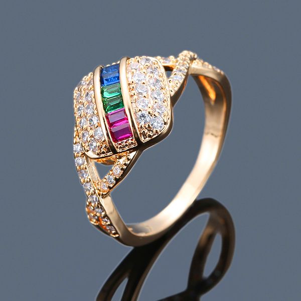 

cute female square colorful zircon ring fashion silver yellow gold color wedding ring fashion white stone cross rings for women, Slivery;golden
