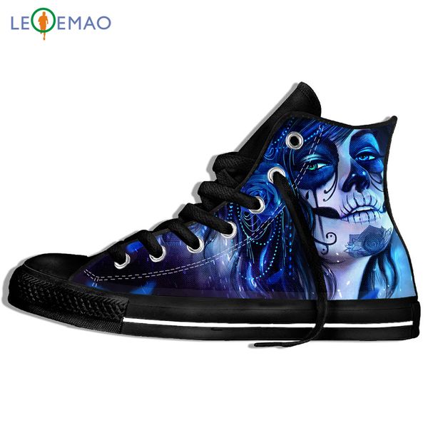 

outdoor walking shoes maskedwoman men skull print peking opera halloween sport shoes comfortable lace-up students sneakers, Black