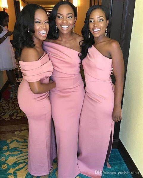 

blush pink one shoulder sheath bridesmaid dresses arfican floor length pleats formal prom evening gown wedding maid of honor dress, White;pink