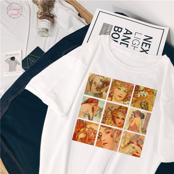 

альфонс муха vintage art картина маслом цветка женщины топы tee новое лето вскользь harajuku моды топ с коротким рукавом женщины футболку, White