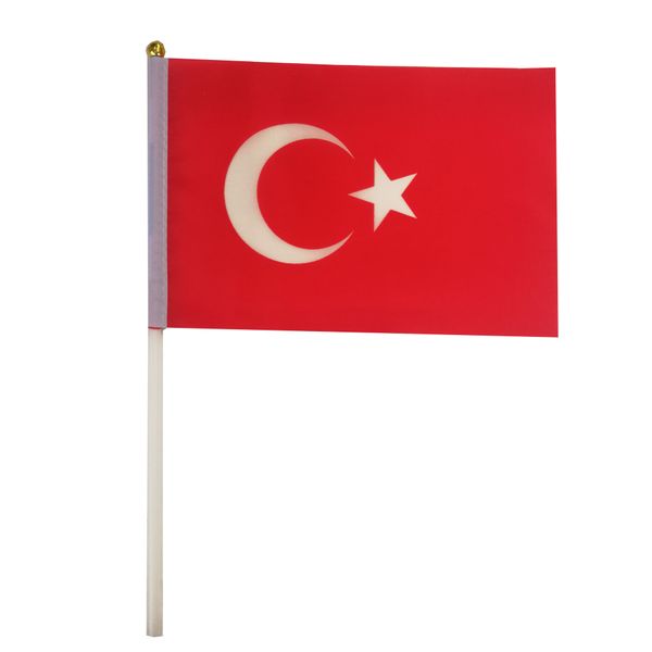 Флаг Турции 21X14 см полиэстер рука машет флаги Турция страна баннер с пластиковыми флагштоками