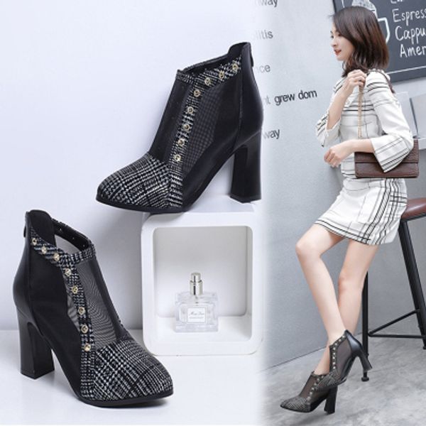 

2019 new plaid fabric mesh rivet fashion thick with ankle boots female, Black
