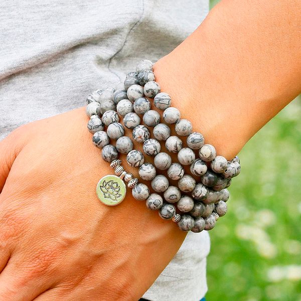 

energy 108 light grey map stone beaded lotus charm necklace men women yoga bracelet jewelry natural stone bead bracelet men, Golden;silver