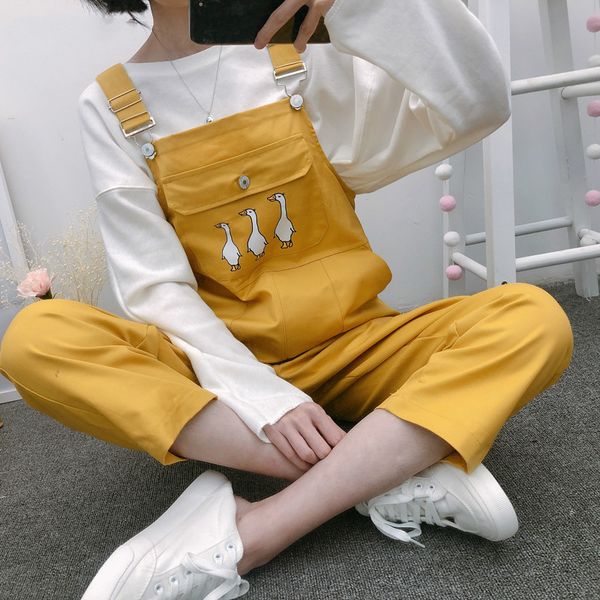 

jumpsuits women chic strap ankle-length harajuku sweet trendy womens pockets students kawaii cartoon printed straight girls cute, Black;white