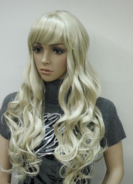 Ll 1838 New Pale Blonde Synthetic Curly Bangs Skin Top Long Wig