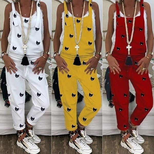 

women jumpsuit cat printing plus size loose cotton dungarees playsuit trousers overalls rompers womens jumpsuits, Black;white