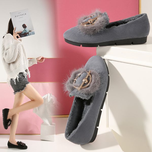 

loafers fur moccasin shoes large size women casual female sneakers round toe moccasins big size new slip-on boat winter solid, Black