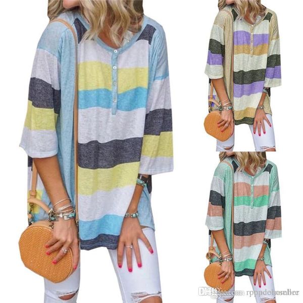 

spring female fashion designer european and american stripes loose casual round collar sleeve t-shirt casual female clothes, White