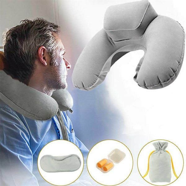 

portable travel inflatable u shape pillow neck head rest air soft cushion for travel plane pillow gray