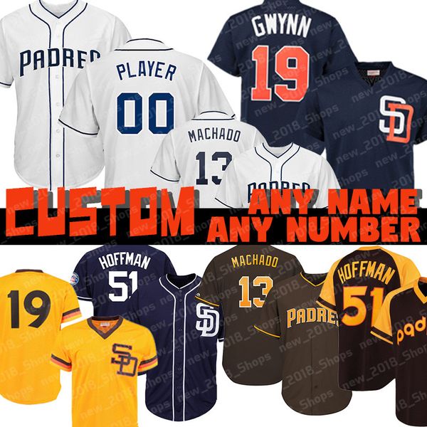 

Custom 13 Manny Machado Padres jersey San Diego 19 Tony Gwynn 51 Trevor Hoffman 30 Eric Hosmer 23 Fernando Tatis Jr. 4 Wil Meyers 18 Hedges