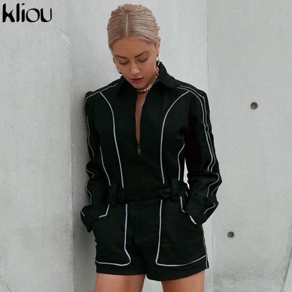 

kliou women casual loose playsuit with sashes reflective striped patchwork rompers 2019 autumn turn-down collar bodysuit pockets, Black;white