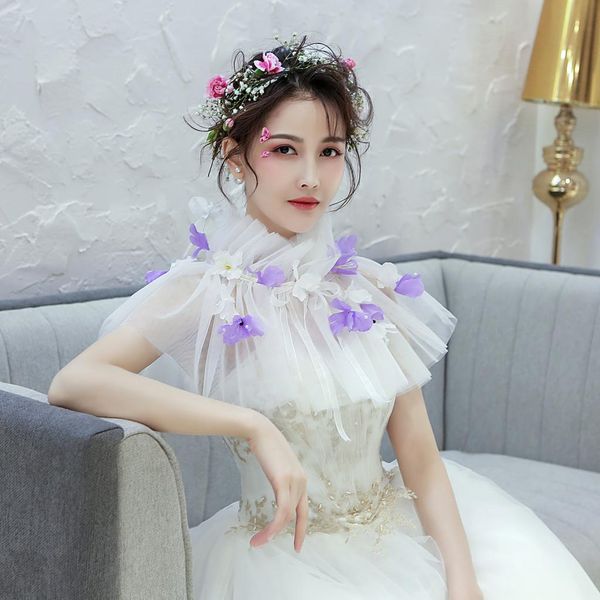 

white bridal lace ruffled bridal shawl tulle cape shrug purple floret decor