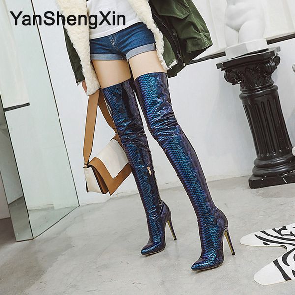 

customizable size over the knee shoes woman boots patent leather snake boots high heels 11.5cm ladies booties high leg boots, Black