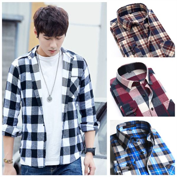 

spring flannel men's cotton-blend casual long-sleeved shirts, soft and comfortable fabrics, fashion wild striped plaid shirts, White;black