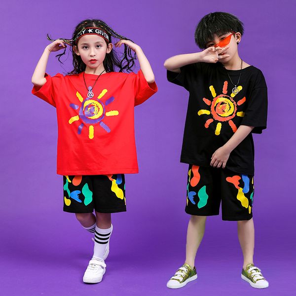 

children hip hop clothing oversized t shirt casual shorts for girls boys jazz dance costumes ballroom dancing clothes wear, Black;red