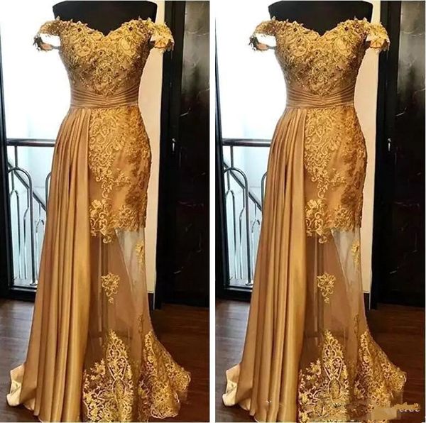 

Elegant gold mermaid evening dre e late t 2019 lace beaded prom dre ruched floor length illu ion kirt formal party gown plu ize
