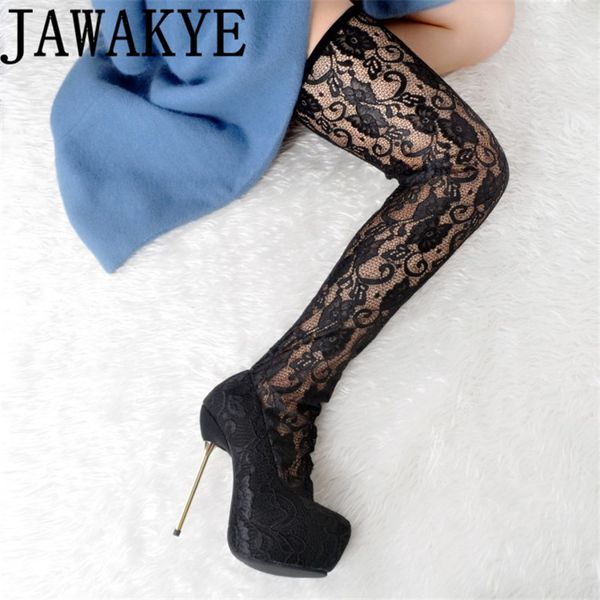 

black lace thigh high boots women metal 14.5cm super high heels over the knee boots sock shoes plus size long