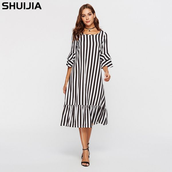 

womens designer striped casual dressa604, Black;gray