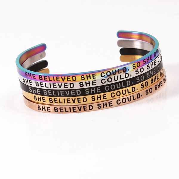 

4mm stainless steel cuff bangle engraved she believed she could so did positive inspirational mantra bracelet for women, Black