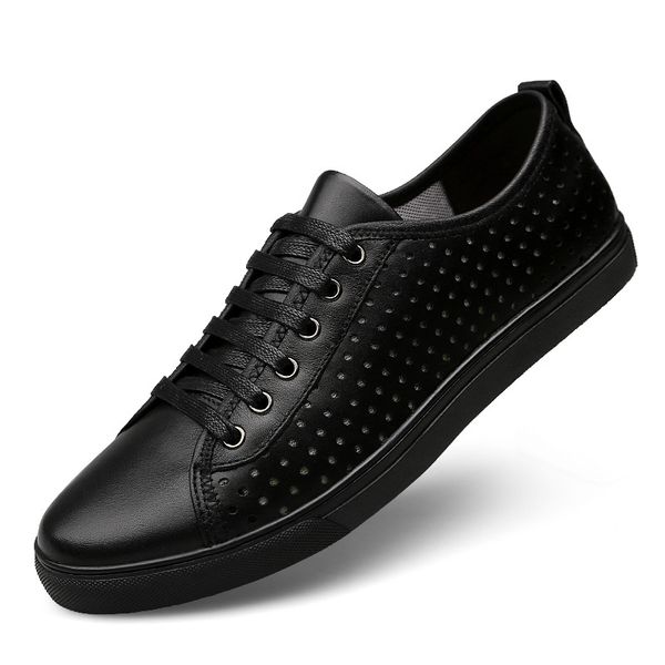 

genuine leather man casual sneakers black hollow breathable casual shoes men flats shoes plus size sneaker