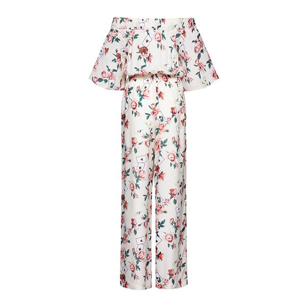 

2020 summer new off shoulder elastic waist floral jumpsuit, Black;white