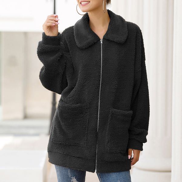 

jodimitty 2019 women's coat lapel fleece fuzzy faux shearling zipper pockets loose coat outdoor sport causal party winter, Black