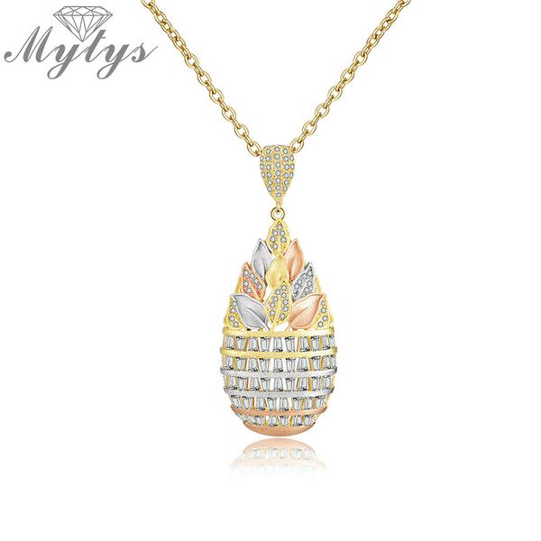 

mytys brand daily fashion trendy luxury zircon flower basket shape pendant necklace three tones colors brass jewelry cn454, Silver