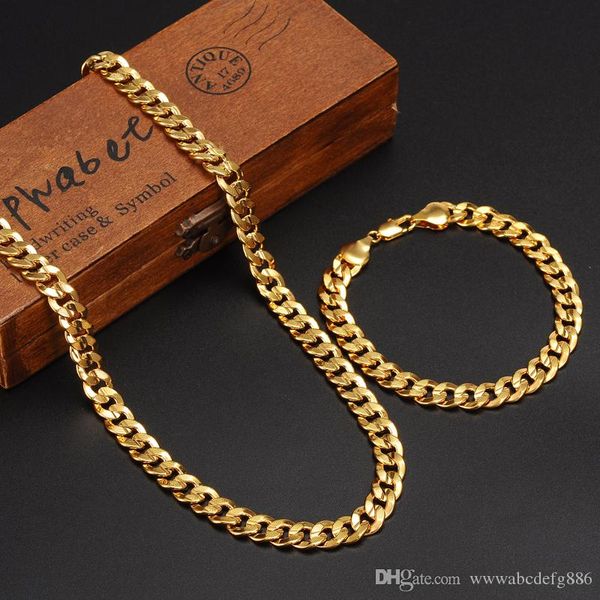 

классика модная настоящая 24k желтое золото gf мужская женщина ожерелье браслет ювелирные наборы твердые снаряженная цепь устойчива к истира, Silver