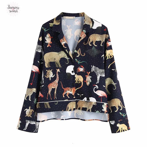 

короткие рукава блузки 2019 рубашки женщин с длинным рукавом животных печати ударная воротник сыпучие crop tops vintage асимметричный длина, White