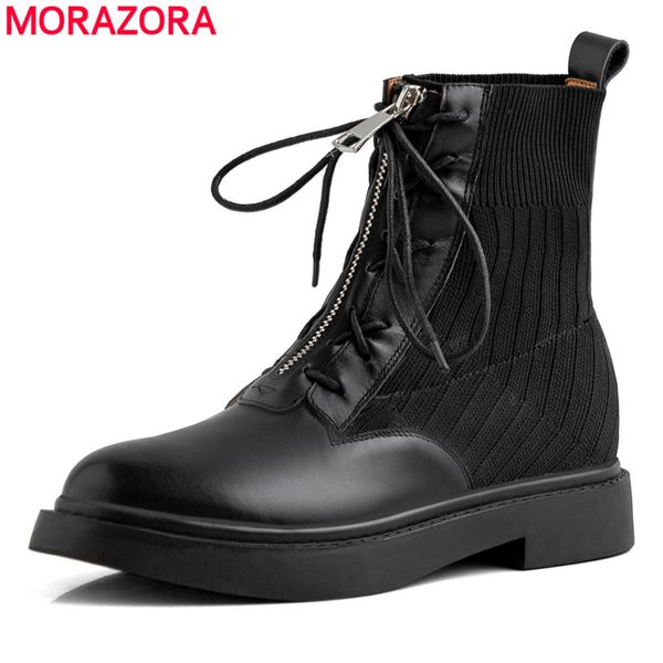 

morazora 2020 new arrive simple genuine leather black color ankle boots low heel round toe lace up comfortable boots for woman