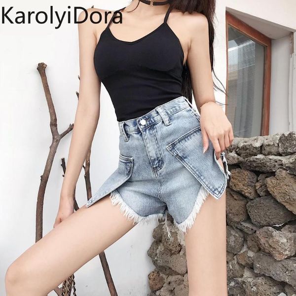 

women's jeans fashion 2020 summer new large pocket denim shorts women's high waist edge a word wide leg pants, Blue
