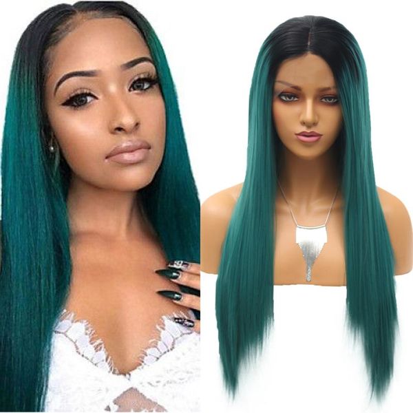 

synthetic wigs quinlux ombre green straight lace front heat resistant fiber cosplay african hair middle parting for women, Black