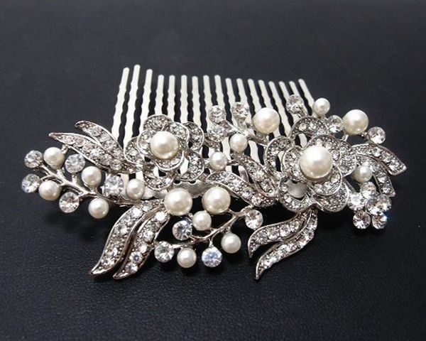

new ladies silver rhinestone bridal wedding flower pearls headband hair clip comb