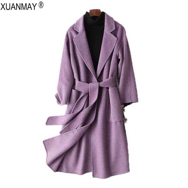 

winter women's cardigan woolen windbreaker coat 2018 new slim long style thick coat woolen tie cardigan windbreaker women, Black